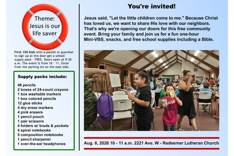 Mini VBS and school supply giveaway.